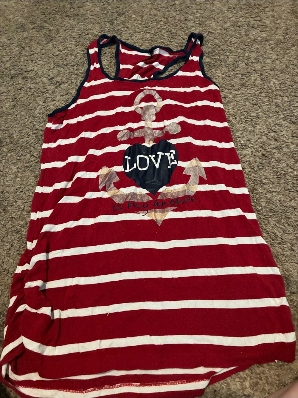 Women’s Red & White Striped Tank Top with Anchor Love Graphic